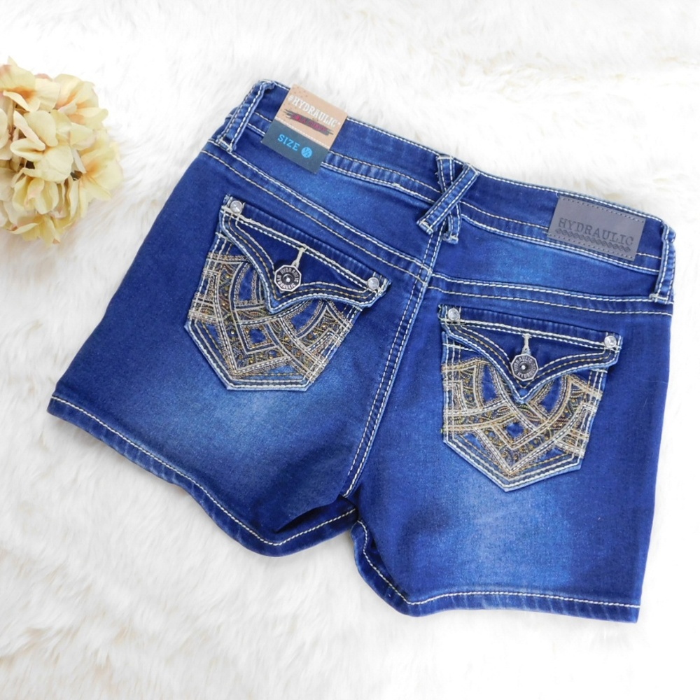 Hydraulic Jean Shorts Lola Curvy Mid Rise Sz1 Bling Flap Pocket Distressed Denim
